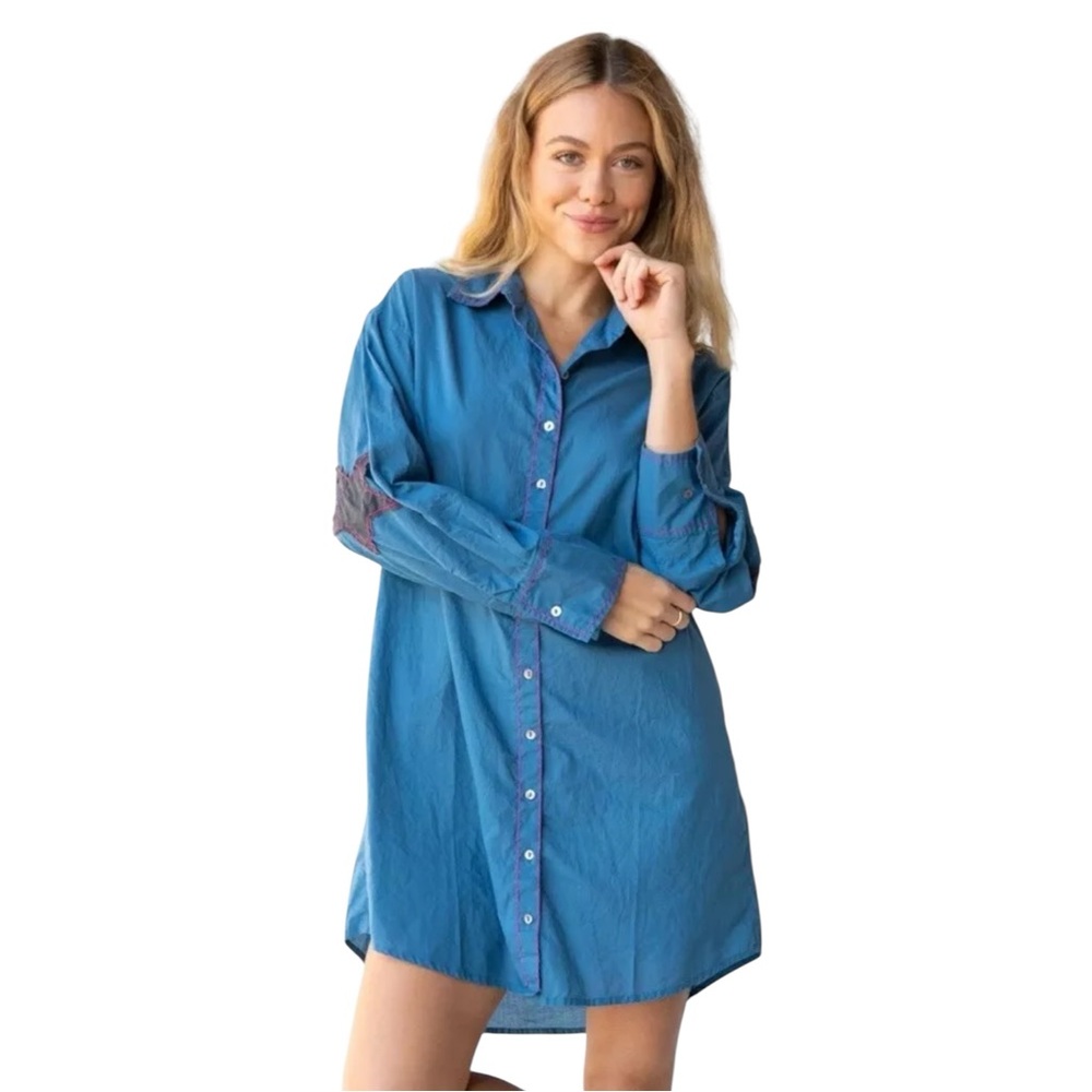 🩷 NWT NATURAL LIFE Size XS/S Lesli Shirt Dress Dark Turquoise Star Elbow Patch